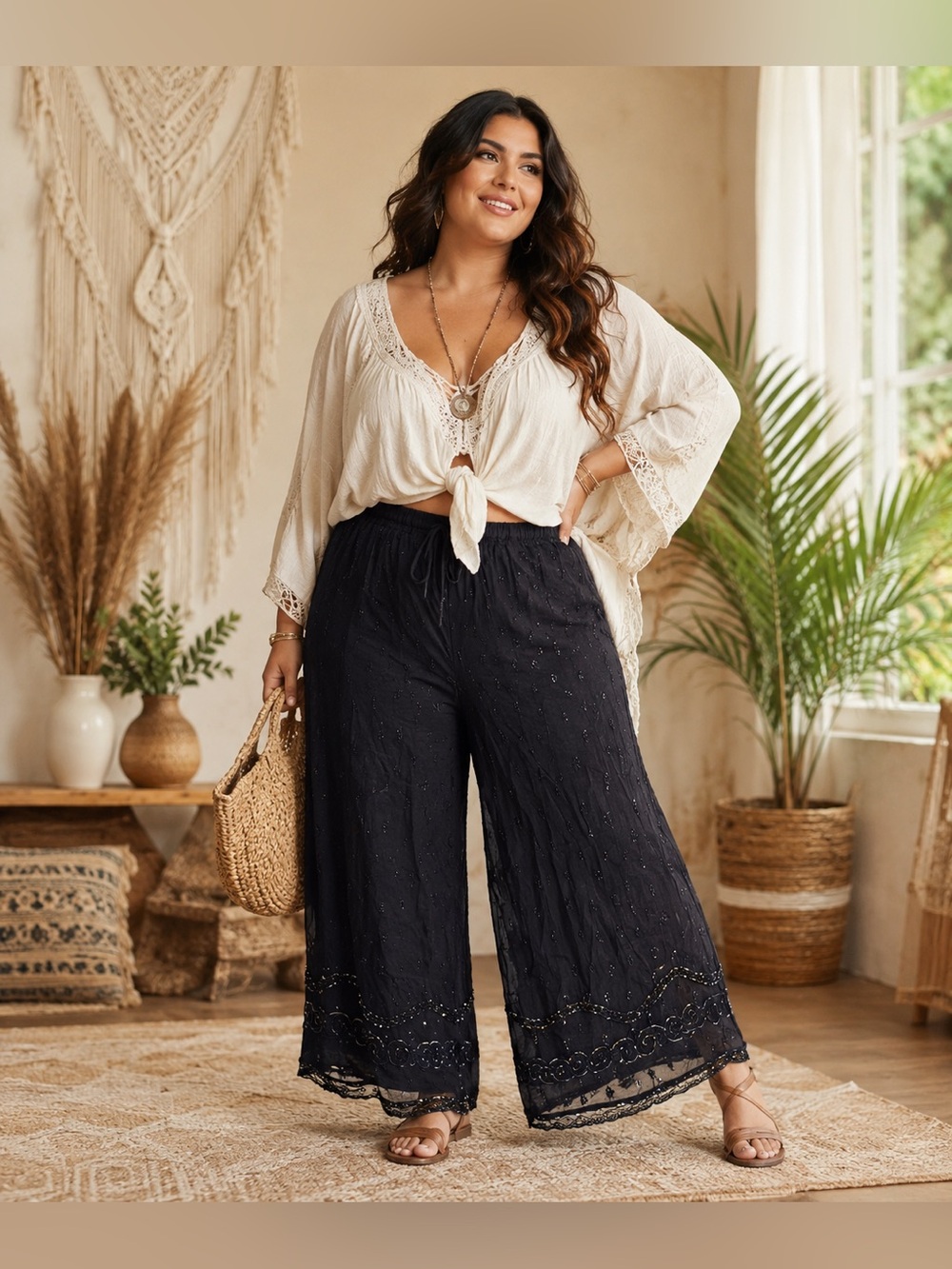 Made in India boho wide-leg pants intricate embroidery and heavy beadwork